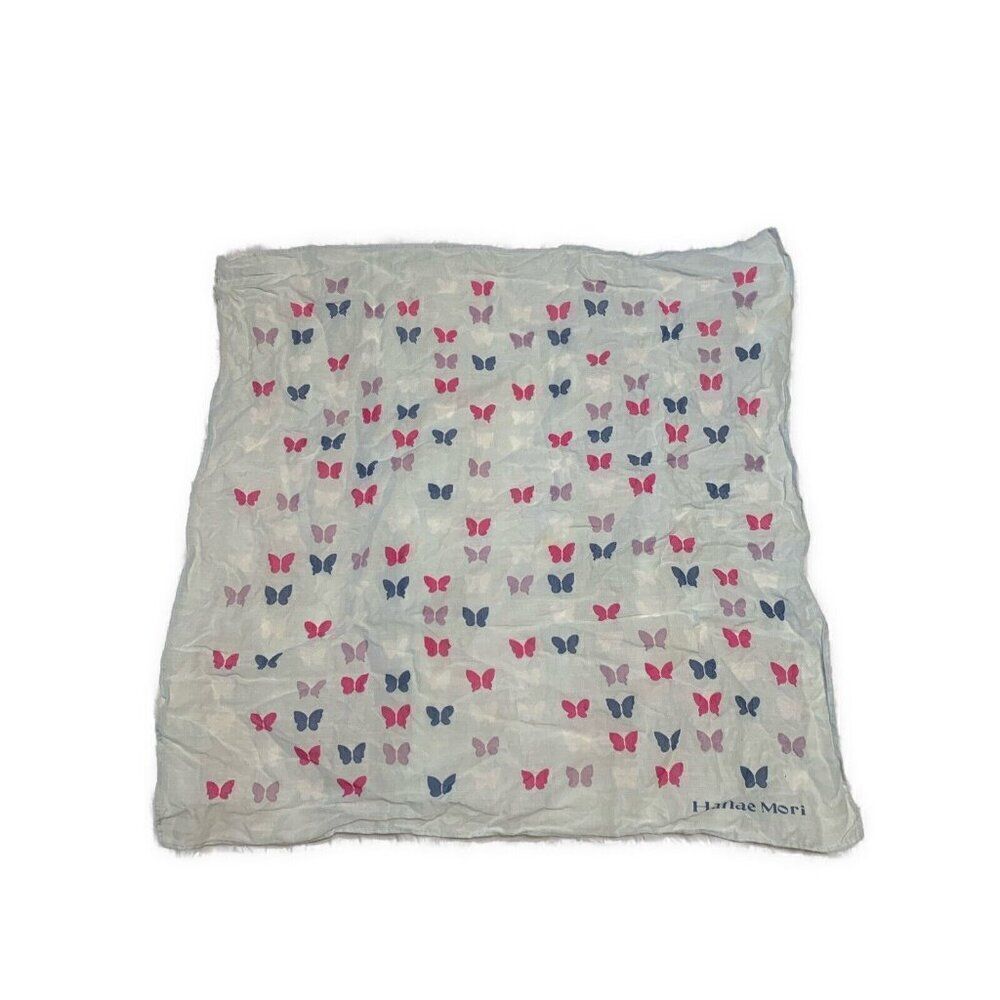 Hanae Mori Blue White Pink Square Butterfly handkerchief Scarf 16 X 16